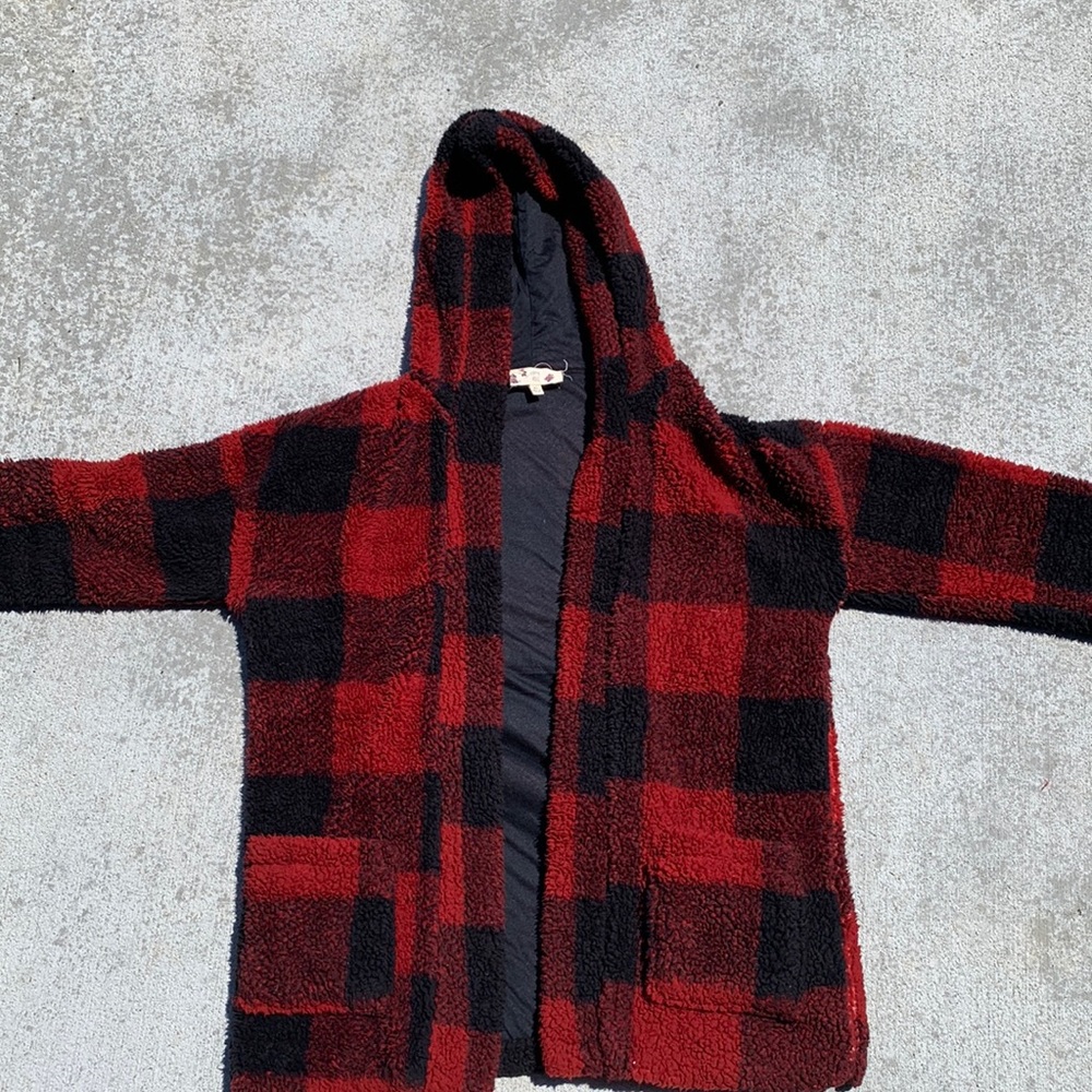 Red and Black Plaid Teddy Cardigan
